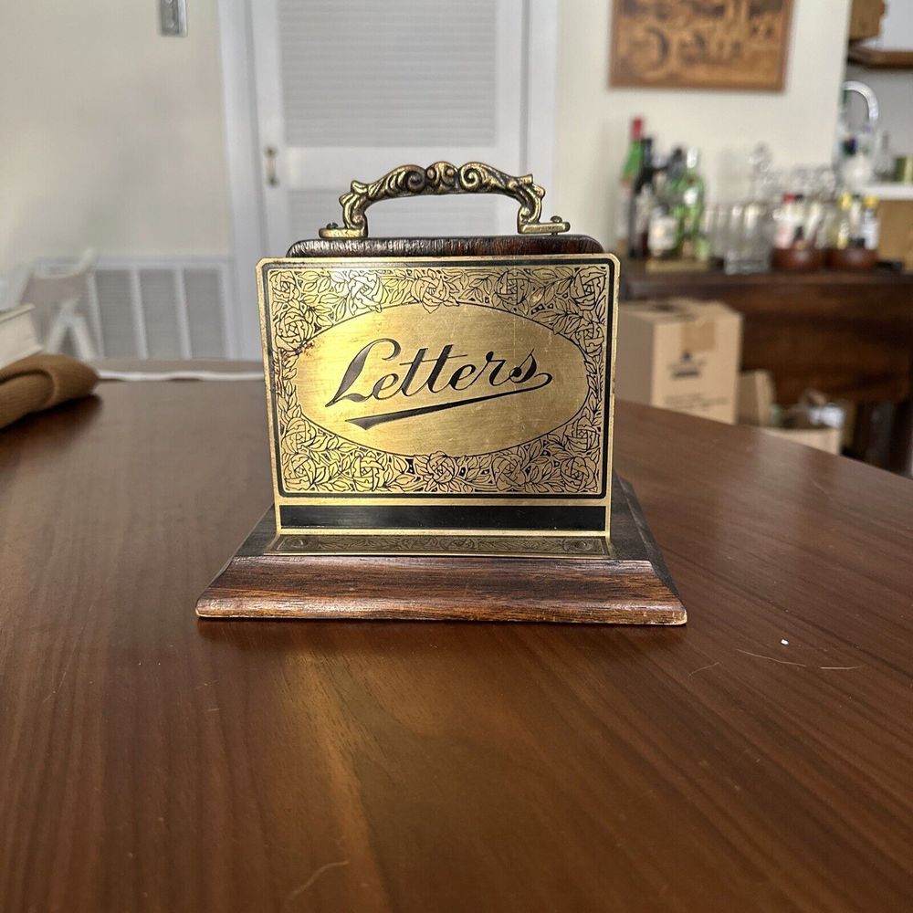 Edwardian Style Brass & Wood Letter Holder Rack Stand Stationery Desk Furniture